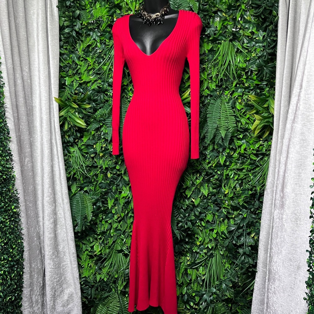 Hera Collection Dress Medium Red Ribbed Knit V-Neck  Bodycon Maxi 3855